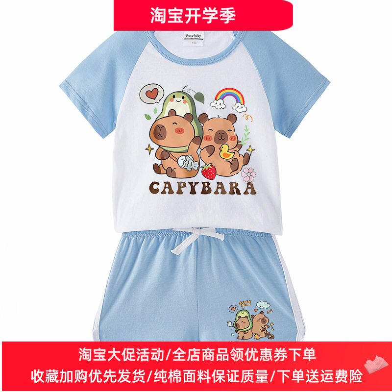 卡皮巴拉童装男女童套装夏季插肩拼色短袖t恤儿童薄款运动两件套