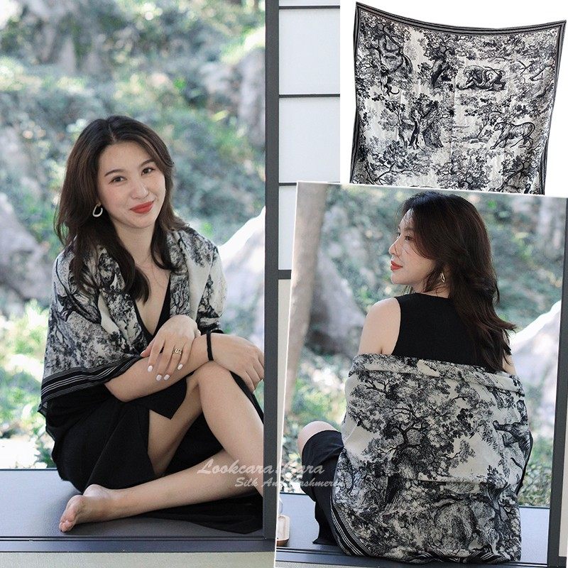 心水之美黑白成就的经典 水墨画动物王国 真丝羊绒围巾披肩 丝绒