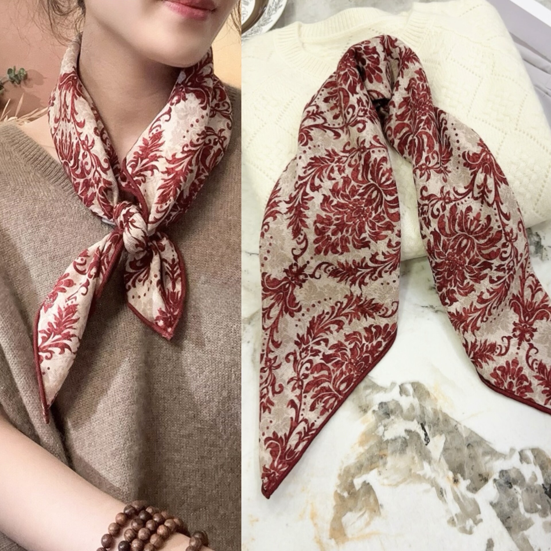 【古典的诗篇】浪漫花纹丝毛围巾女秋冬百搭披肩羊毛真丝方巾围脖