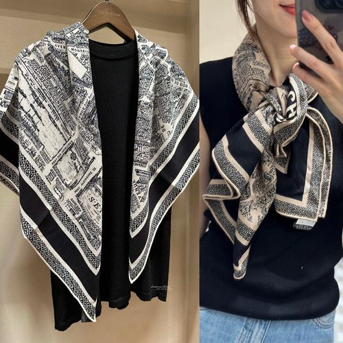 巴黎地图素描纹理 真丝羊绒围巾 时髦简约有亮点的披肩110cm丝绒