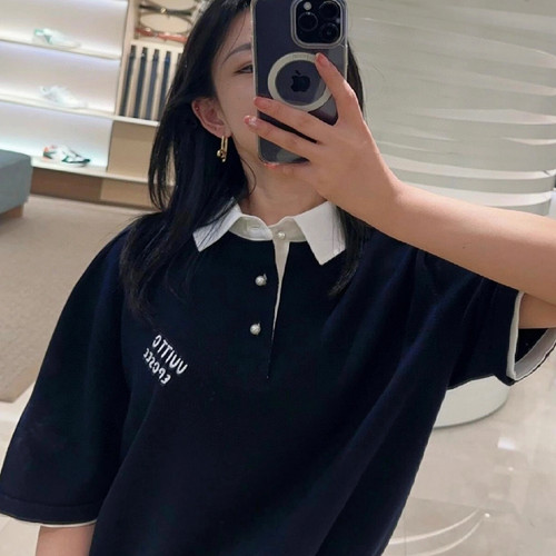 25ss 撞色Polo衫 字母刺绣简约欧美风格情侣款 珍珠纽扣针织短袖T
