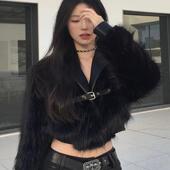 领辣妹机车毛毛外套 黑色西装 高级环保狐狸毛皮草外套女冬短款 时尚