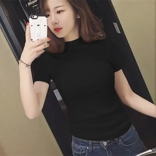 半高领短袖纯棉修身显瘦女T恤