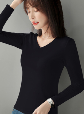 纯棉修身长袖v领内搭t恤女2025年新款春秋薄款黑色打底衫紧身上衣
