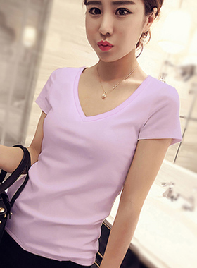 紫色纯棉短袖v领t恤女修身夏装2026年新款设计感小众收腰显瘦上衣