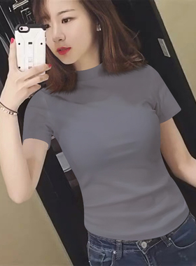 高级感灰色半高领短袖t恤女士纯棉2025年新款ins潮修身收腰显瘦半