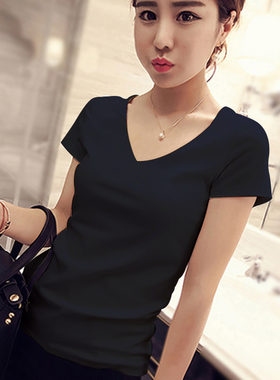 纯棉黑色V领上衣女修身夏装2025年新款紧身内搭打底衫鸡心领女士