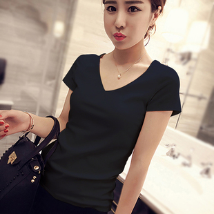 紧身内搭打底衫 纯棉黑色V领t恤女短袖 薄款 夏装 鸡心领女士 上衣修身