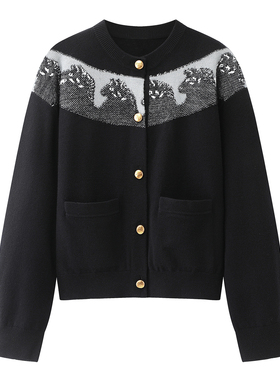 休闲风黑色拼色针织开衫女2026春季新款长袖扣子毛衣外套