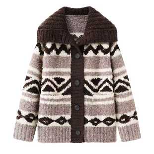 秦岚同款费尔岛风毛衣女开衫翻领几何图案针织外套2025冬季厚实