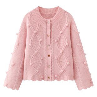 甜美风粉色立体毛球绞花纹圆领开衫女2026春季新款针织衫外套