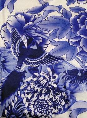 中国风青花瓷鸟真丝弹力缎面料数码印花19姆 stretch silk satin