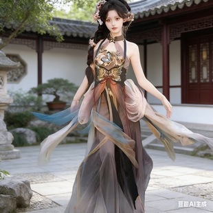 新款原创设计【枯叶蝶】鱼尾裙摆连衣裙设计双层大袖