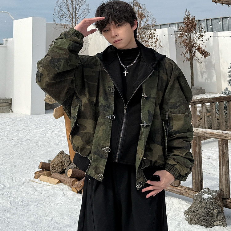 行星世界 美式潮牌假两件加厚迷彩夹克男女痞帅设计感棉服外套