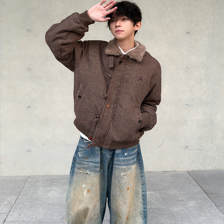 行星世界 美式复古毛领棉衣男加厚保暖翻领夹克外套冬季棉袄