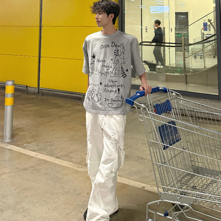 行星世界 美式复古卡通字母涂鸦短袖T恤男女oversize宽松休闲