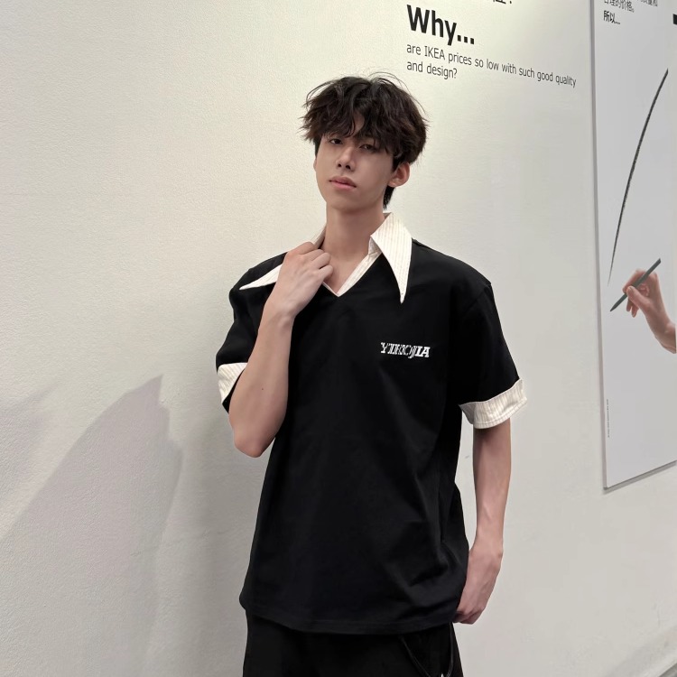 行星世界 美式复古条纹翻领假两件polo短袖T恤男女同款宽松休闲