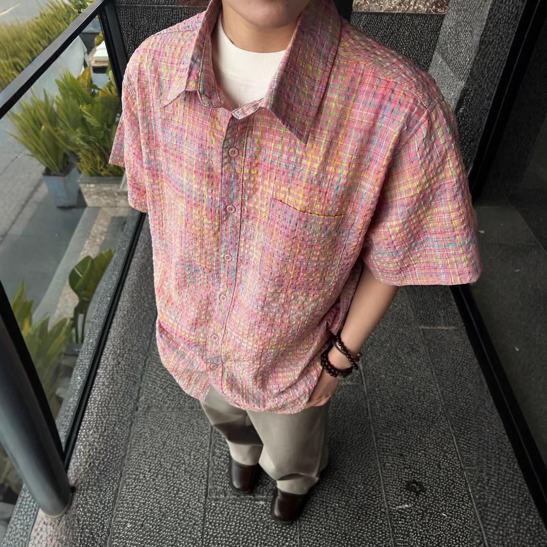 行星世界oversize纯棉2025小众设计感上衣潮牌情侣短袖衬衫男夏季