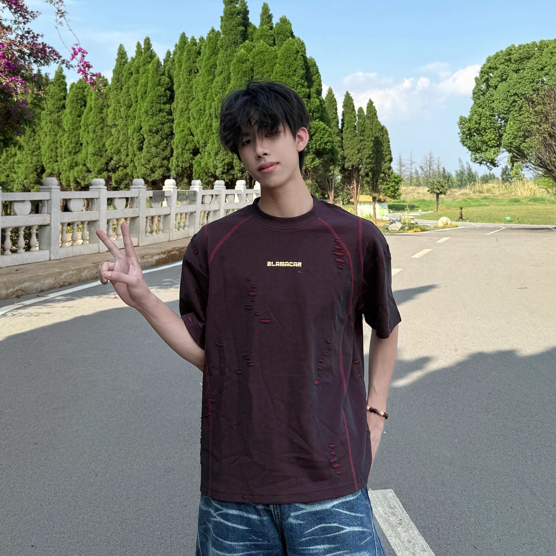 行星世界 美式复古破洞短袖T恤男夏季潮牌设计感小众半袖宽松重磅