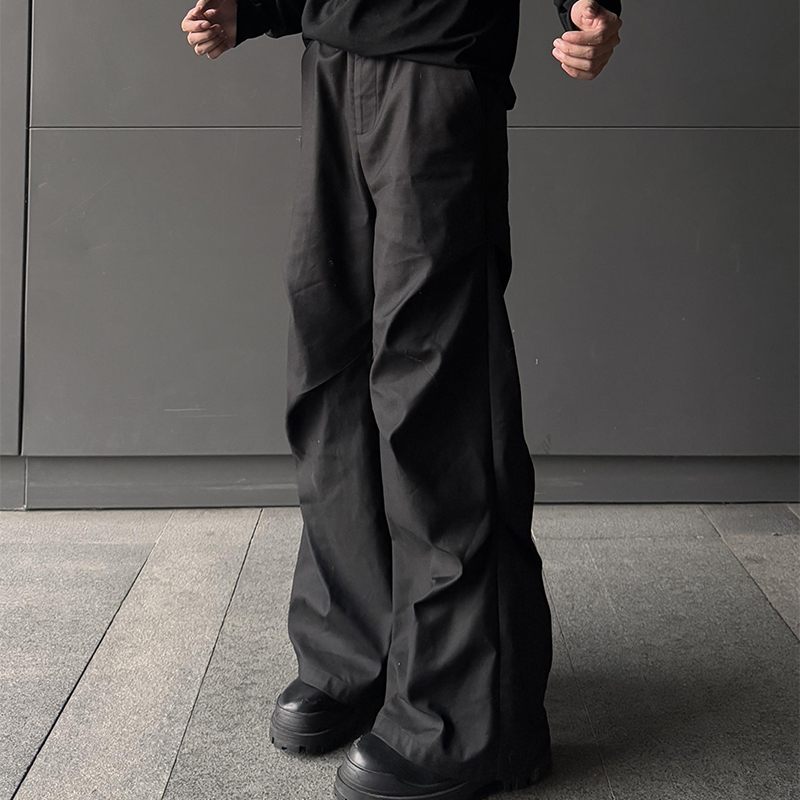 行星世界 cleanfit褶皱拖地微喇叭休闲裤子宽松直筒垂感黑色西裤