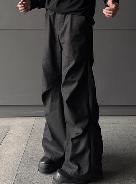 行星世界 cleanfit褶皱拖地微喇叭休闲裤子宽松直筒垂感黑色西裤