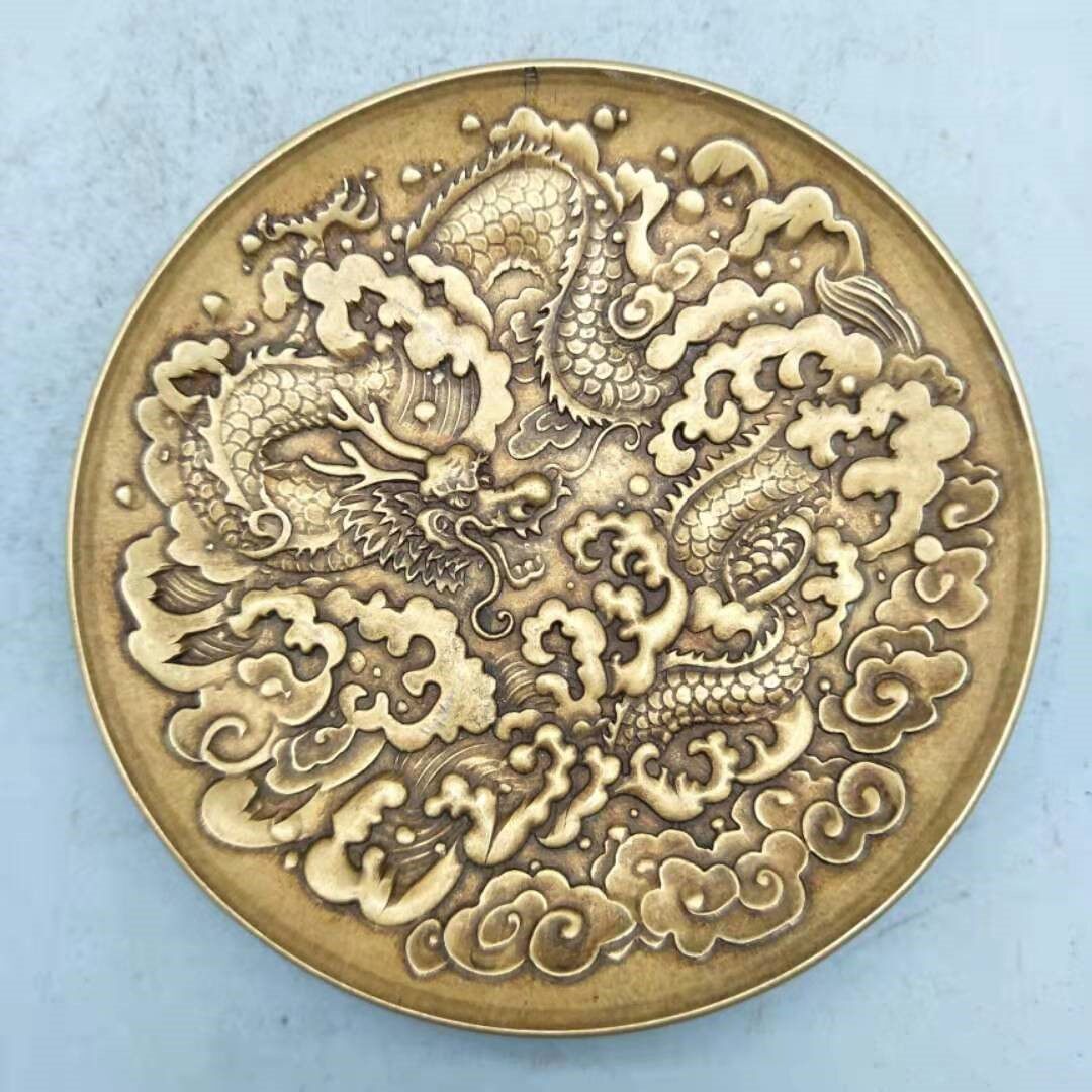 仿古纯铜八仙碟万福龙凤碟铜碟子家用收藏文玩刻花铜盘子摆件饰品