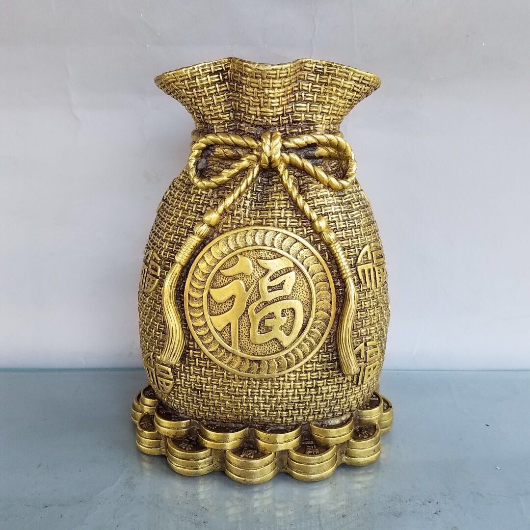 精工纯铜聚宝盆存钱罐摆件福袋储蓄罐袋招财旺财家居风水摆设