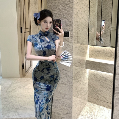 复古日常长款镂空开叉旗袍显瘦