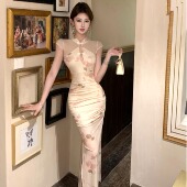 新中式 国风旗袍连衣裙女技师服纯欲性感约会修身 包臀开叉网纱长裙