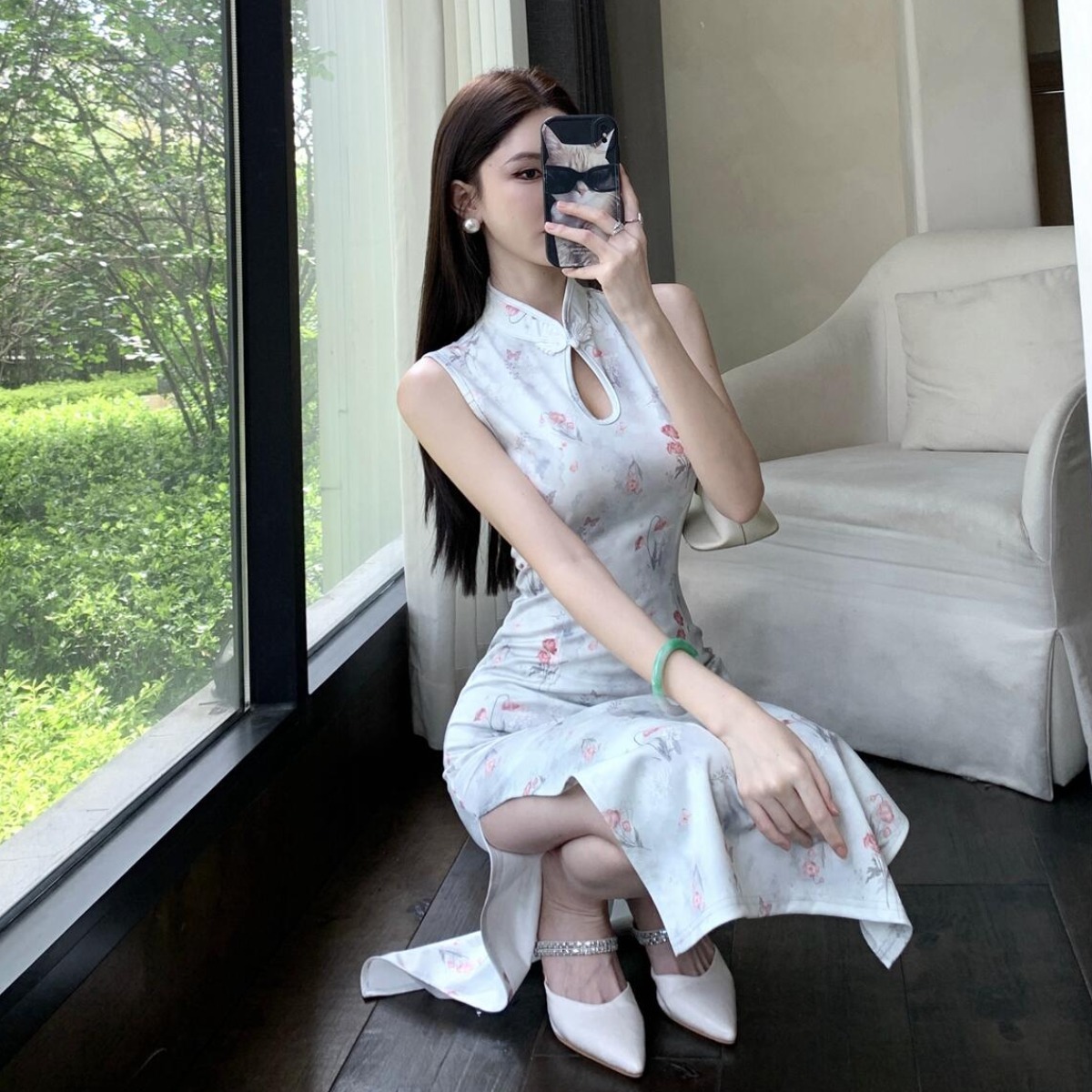 复古日常中长款镂空开叉旗袍减龄