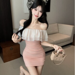 夏季气质纯欲性感荷叶边拼色紧身包臀抹胸连衣裙女显身材约会短裙