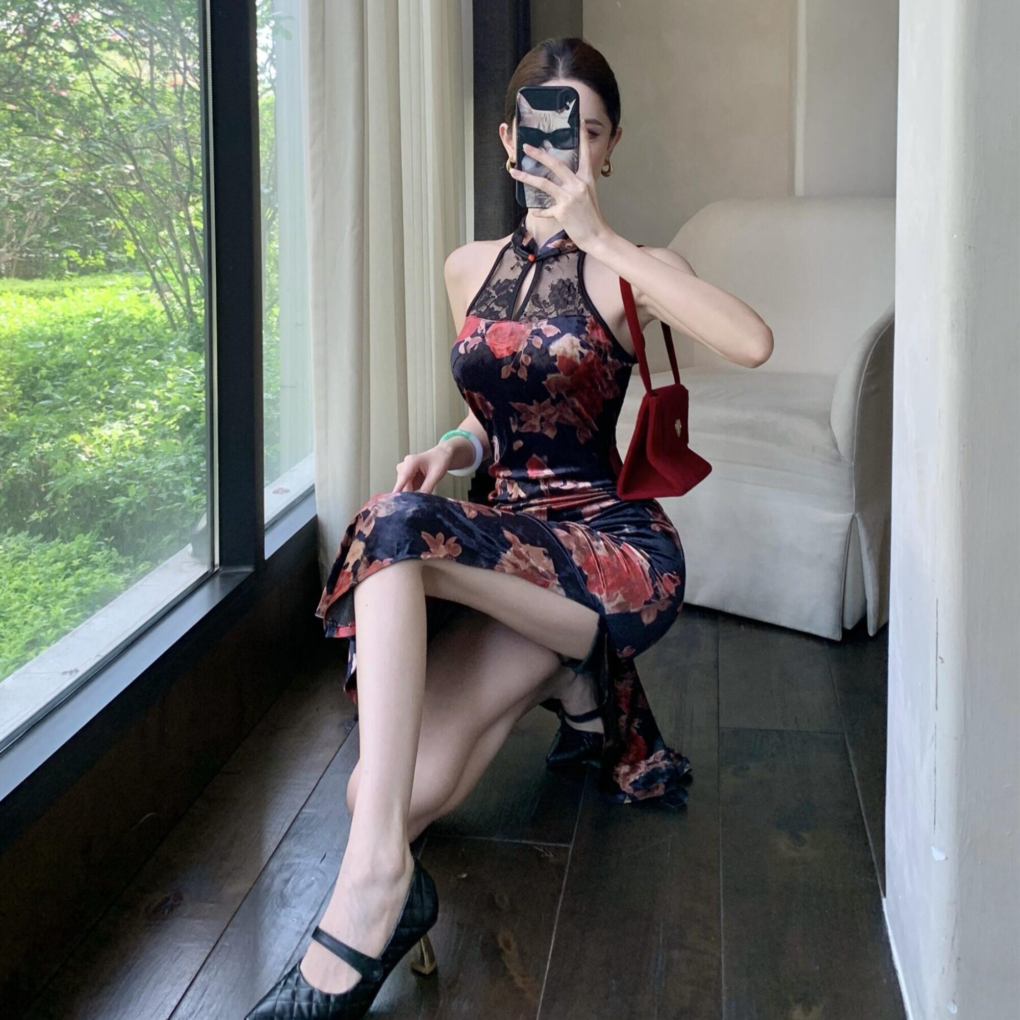 复古表演中长款蕾丝拼接旗袍显瘦