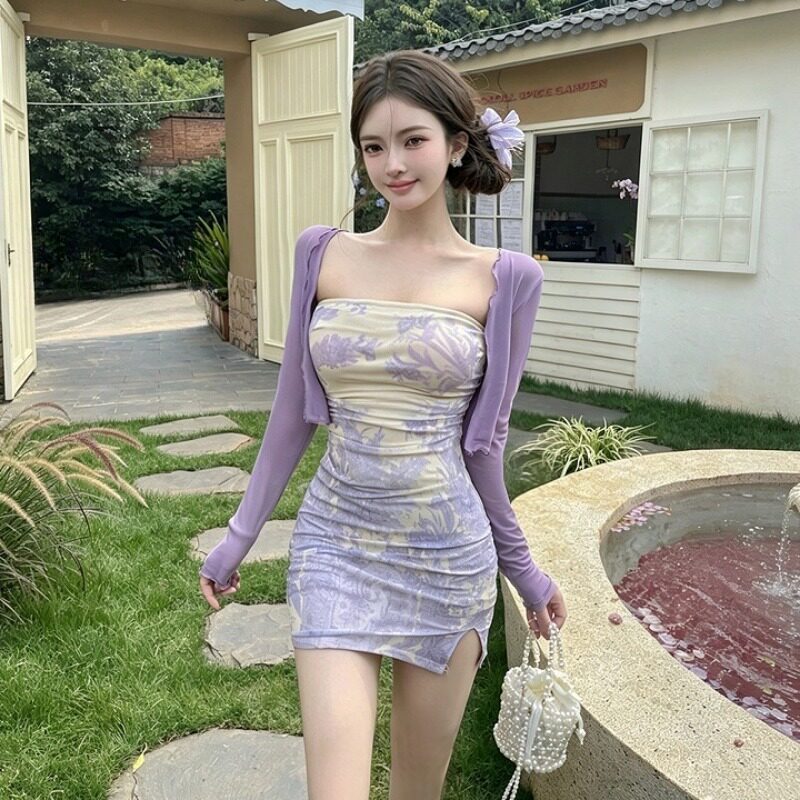 两件套连衣裙网纱印花减龄显白