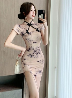 夏季新中式复古国风年轻改良旗袍连衣裙女技师服气质性感高开叉裙