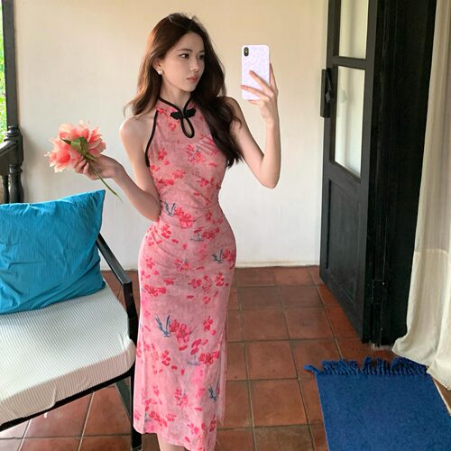 复古表演年轻款印花开叉旗袍减龄