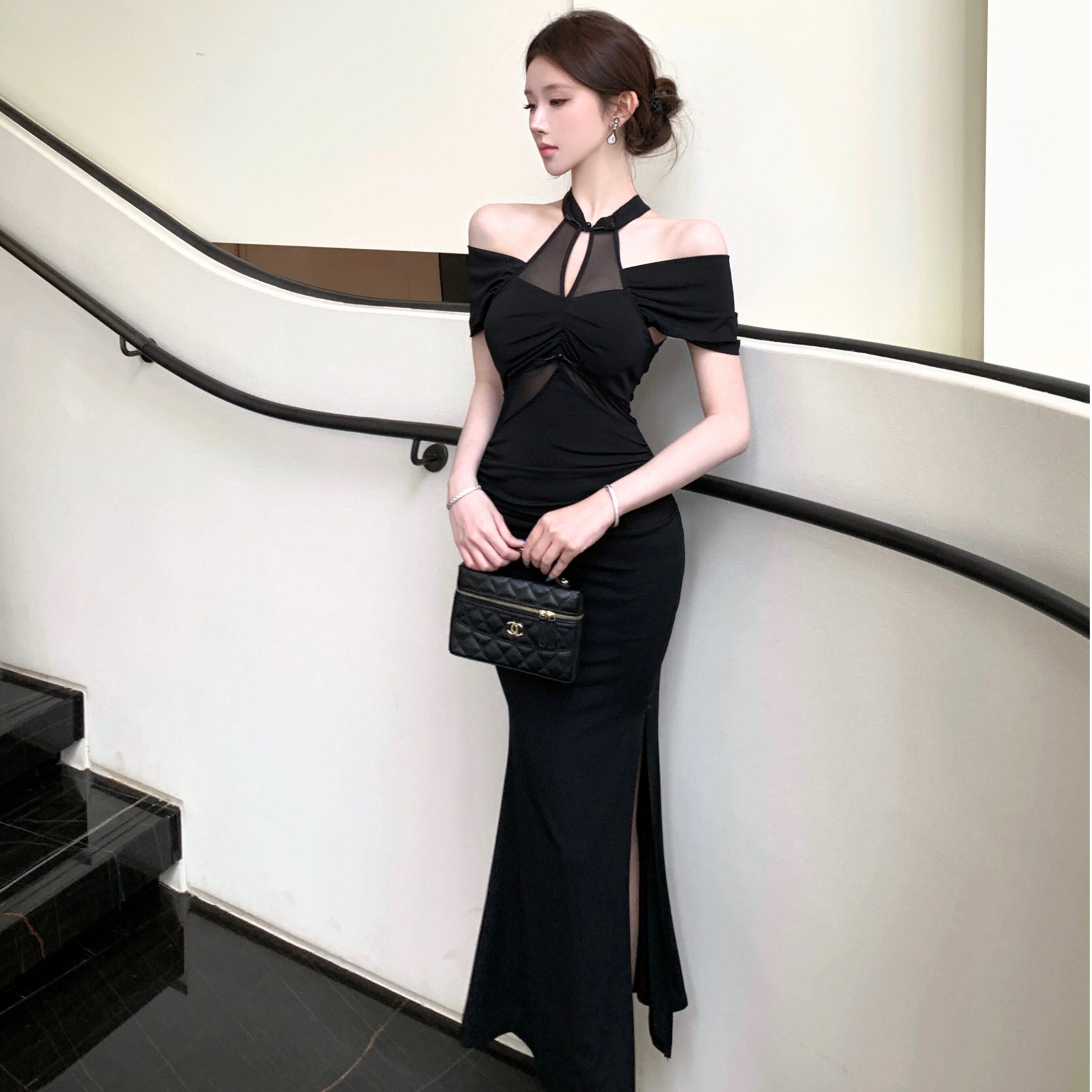 高级感法式轻奢小众名媛御姐气质性感露肩显瘦晚礼服长裙连衣裙女