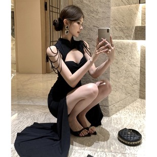 高级新中式 连衣裙女高端轻奢小众性感流苏镂空开叉鱼尾晚礼服长裙