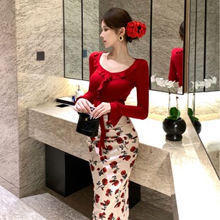 法式气质减龄显白印花修身包臀两件套连衣裙女2025秋新款时尚套装