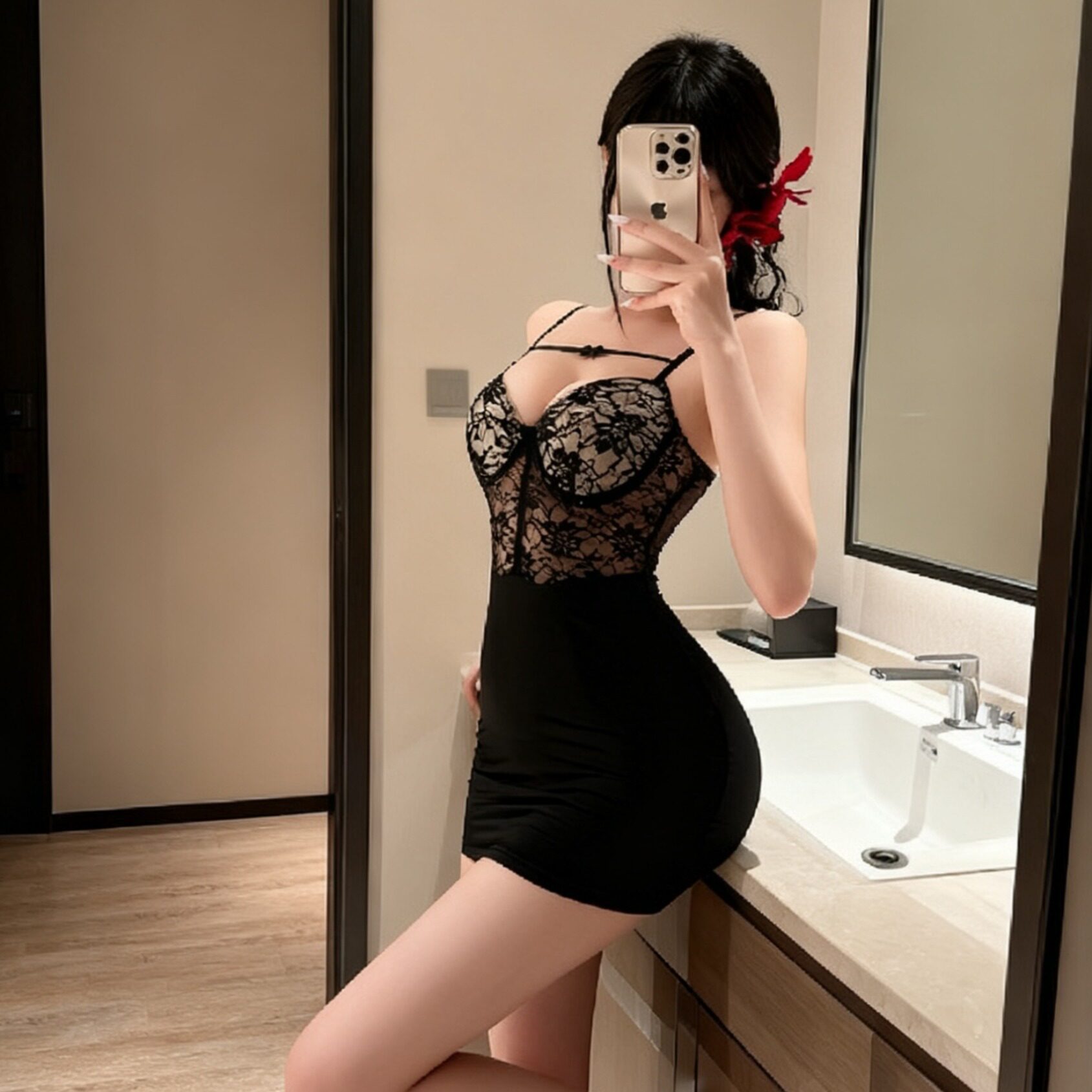夜店风吊带裙蕾丝拼色带胸垫显瘦