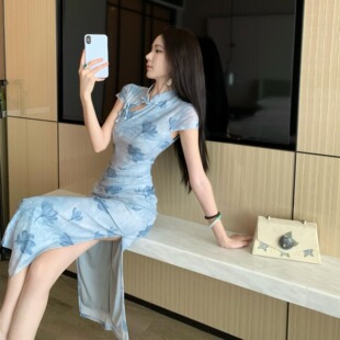 复古气质纯欲性感网纱修身包臀双开叉长款旗袍连衣裙女技师工作服