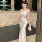 高级感气质富家千金蕾丝网纱拼接年会主持人鱼尾礼服吊带连衣裙女