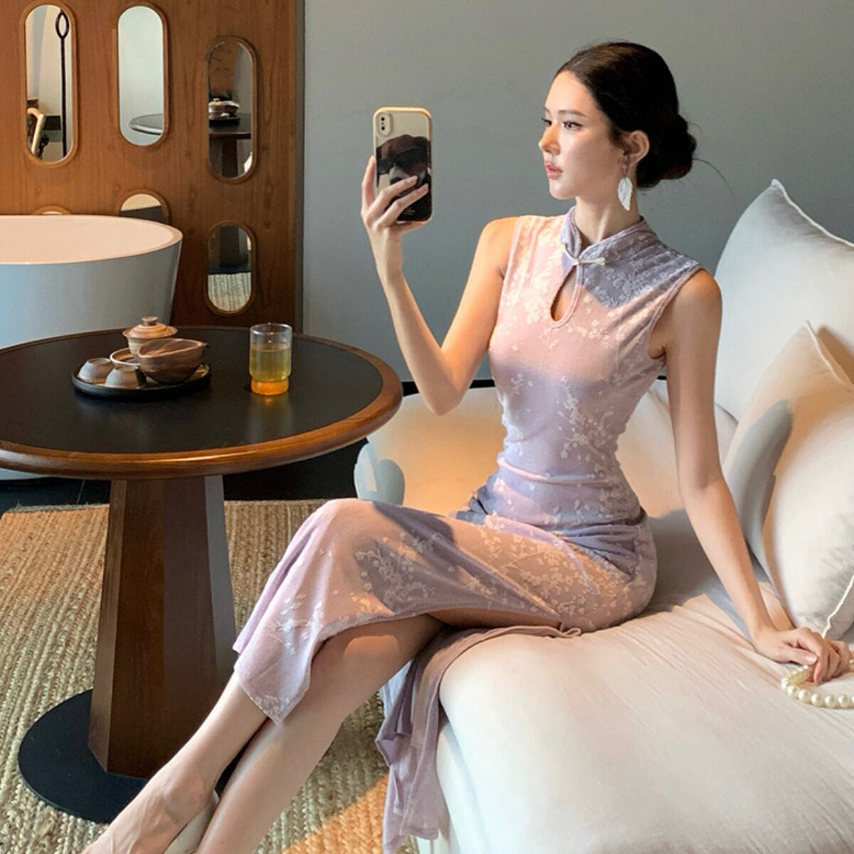 淑女日常年轻款印花旗袍收腰显瘦