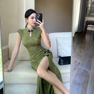 新中式 包臀开叉连衣裙足浴技师服 复古气质显白改良旗袍有弹力修身