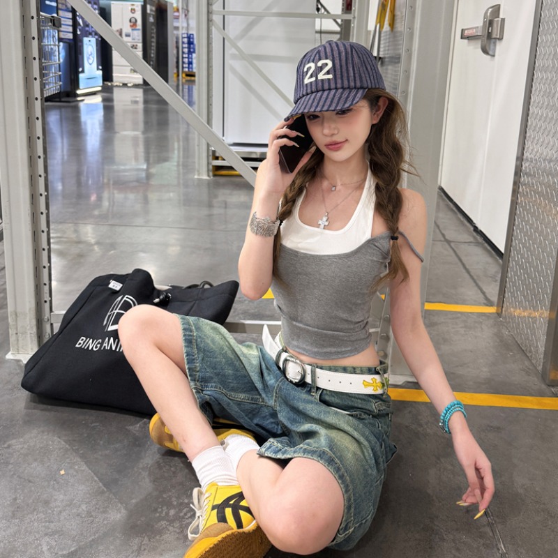 辣妹时尚套装女夏季撞色拼接背心吊带直筒阔腿五分牛仔短裤两件套