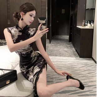 新中式 显瘦包臀开叉改良旗袍连衣裙女技师服 复古国风气质性感修身