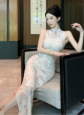 新中式表演中长款开叉旗袍显身材