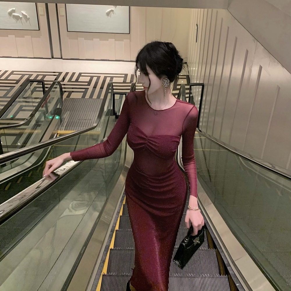 气质绝美纯欲性感纱网拼接透视长袖连衣裙女显瘦包臀鱼尾礼服长裙