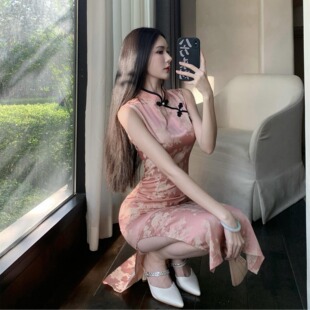 气质优雅缎面新中式 包臀开叉性感复古连衣裙女技师服 改良旗袍修身