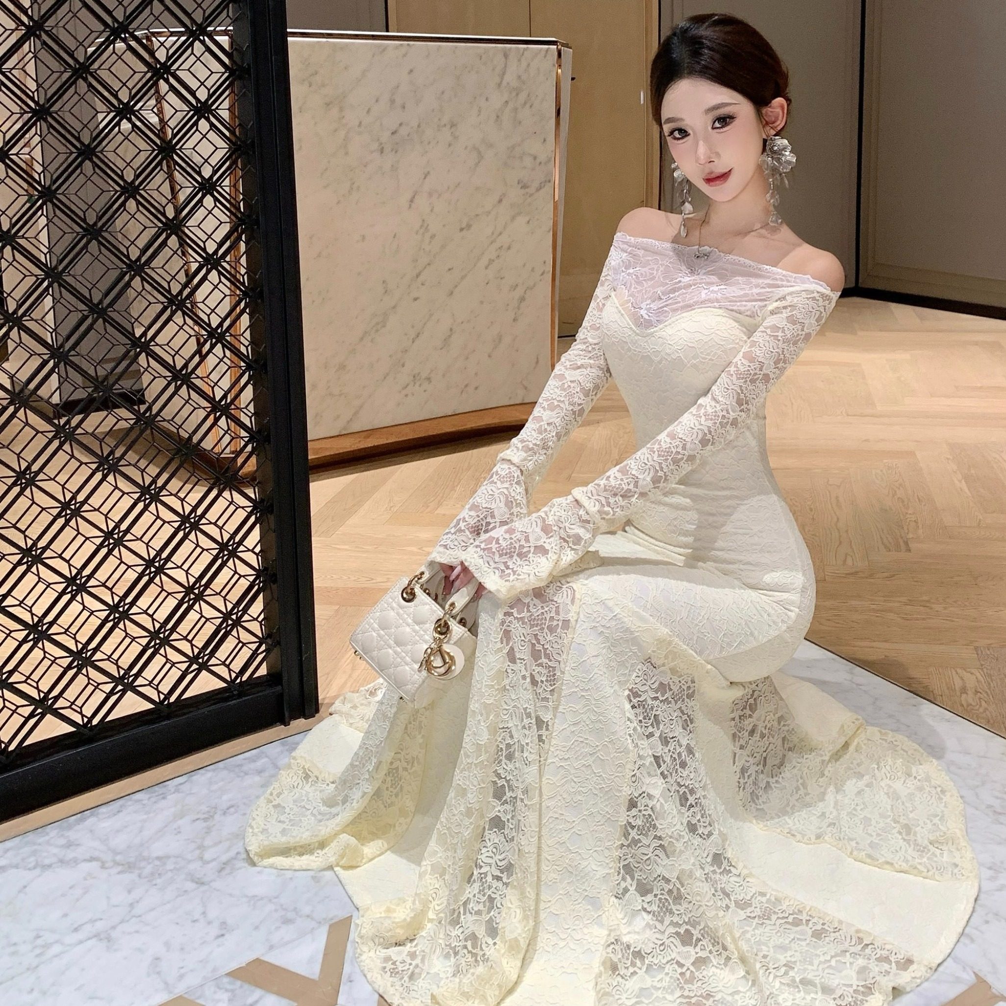 高级感轻奢气质绝美纯欲风性感蕾丝包臀鱼尾长裙宴会礼服连衣裙女