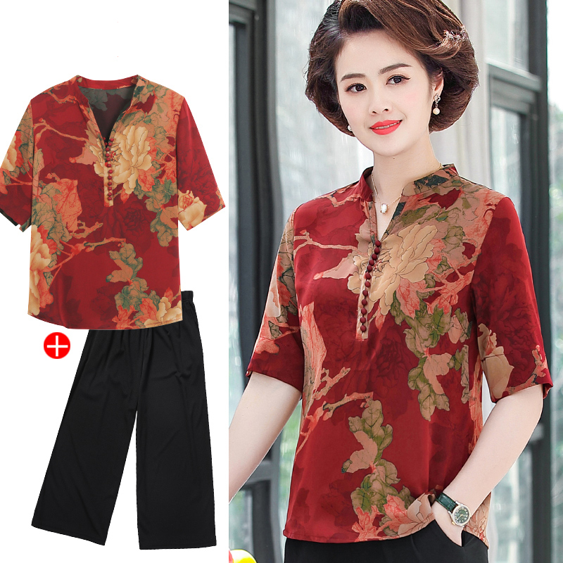 中年女装妈妈夏装雪纺衬衫女五十岁中老年衬衣女夏天半袖春装上衣